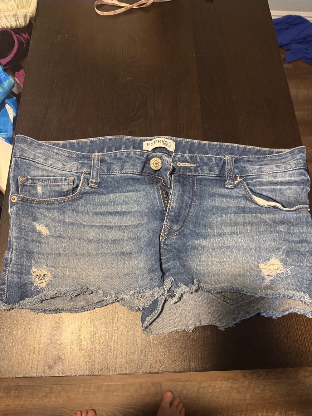 Express Distressed Medium Blue Denim Cutoff Shorts
